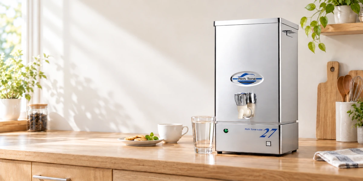 キッチンのカウンターに置いたリッチトーン電子水 RT-27CBMとグラス