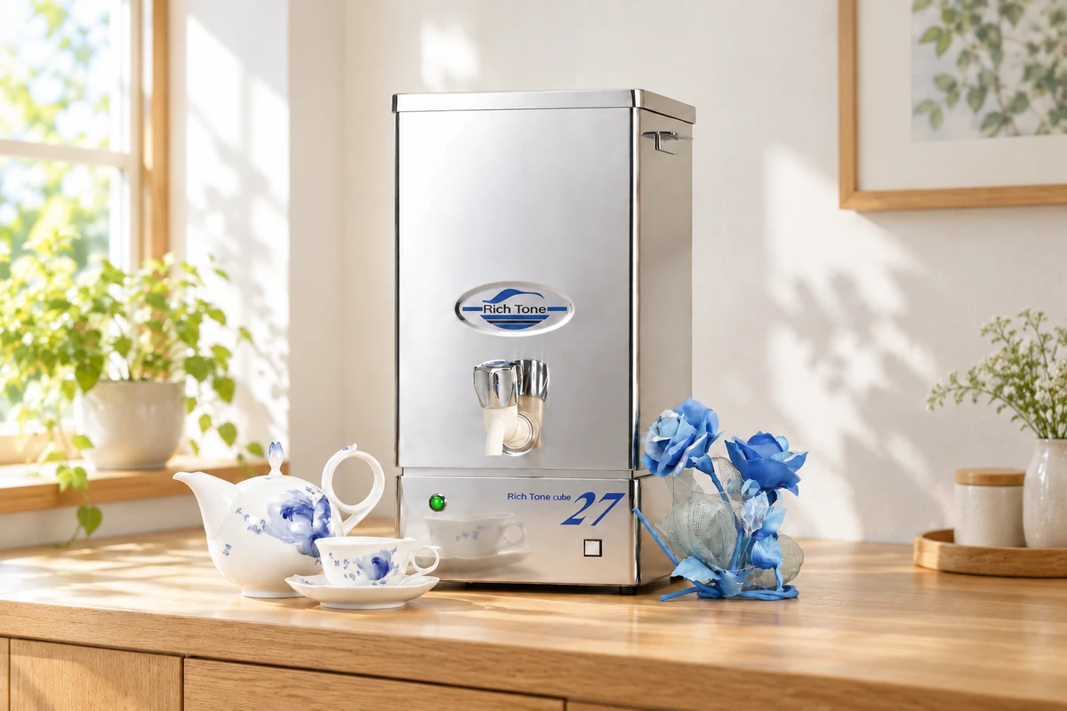 茶器と青い花を添えたリッチトーン電子水 RT-27CBM
